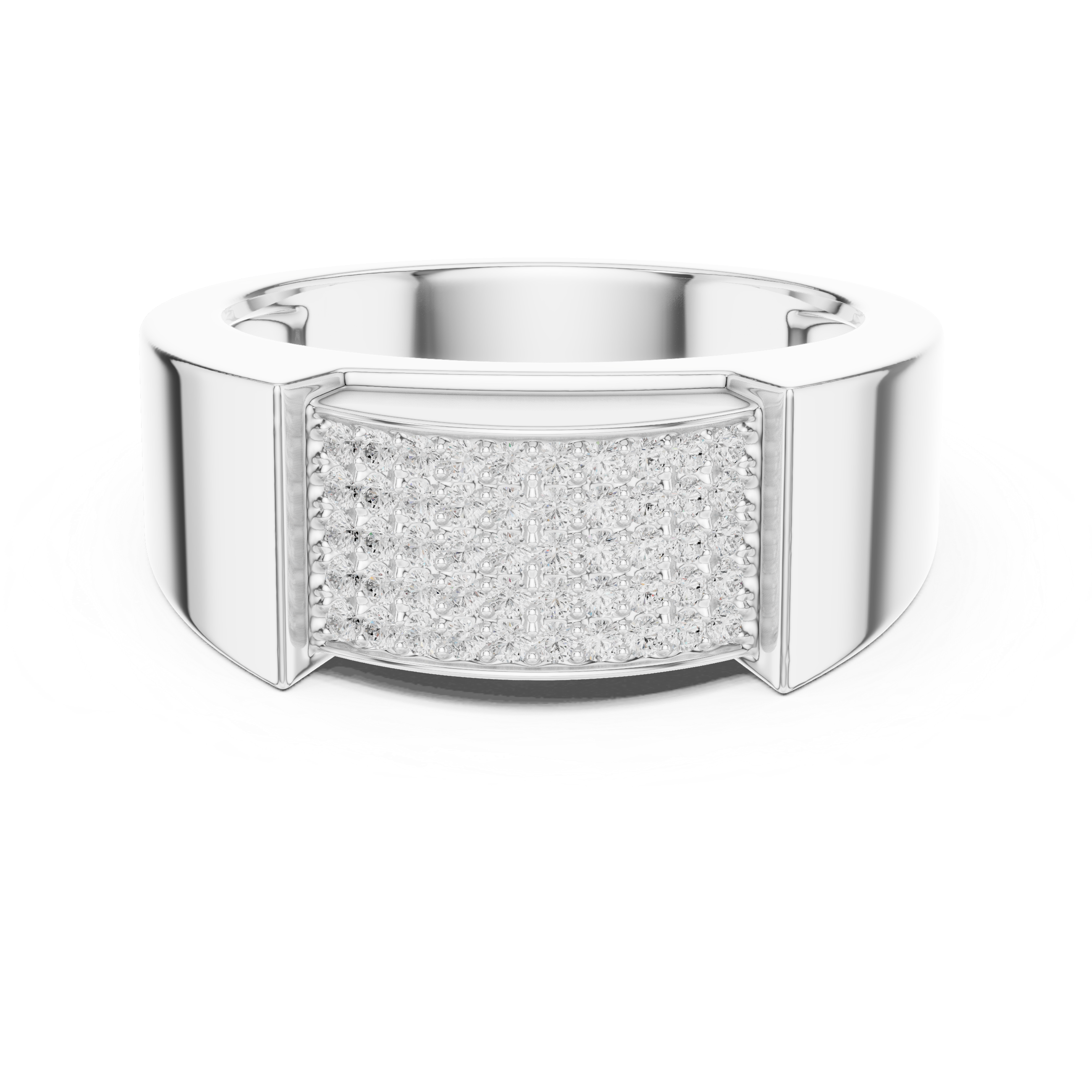 Silver ring with a textured square design on a white background