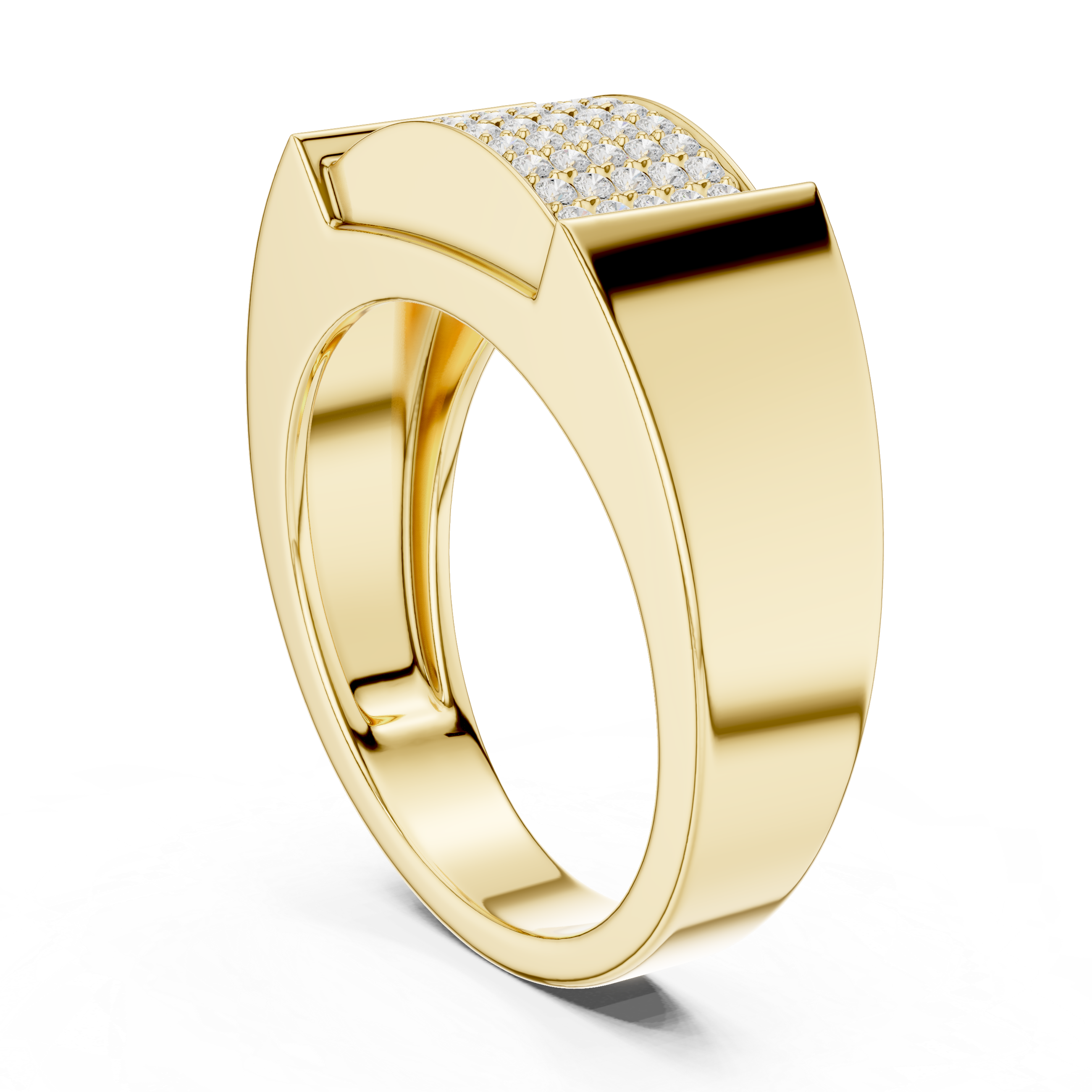 Gold ring with diamond accents on a white background