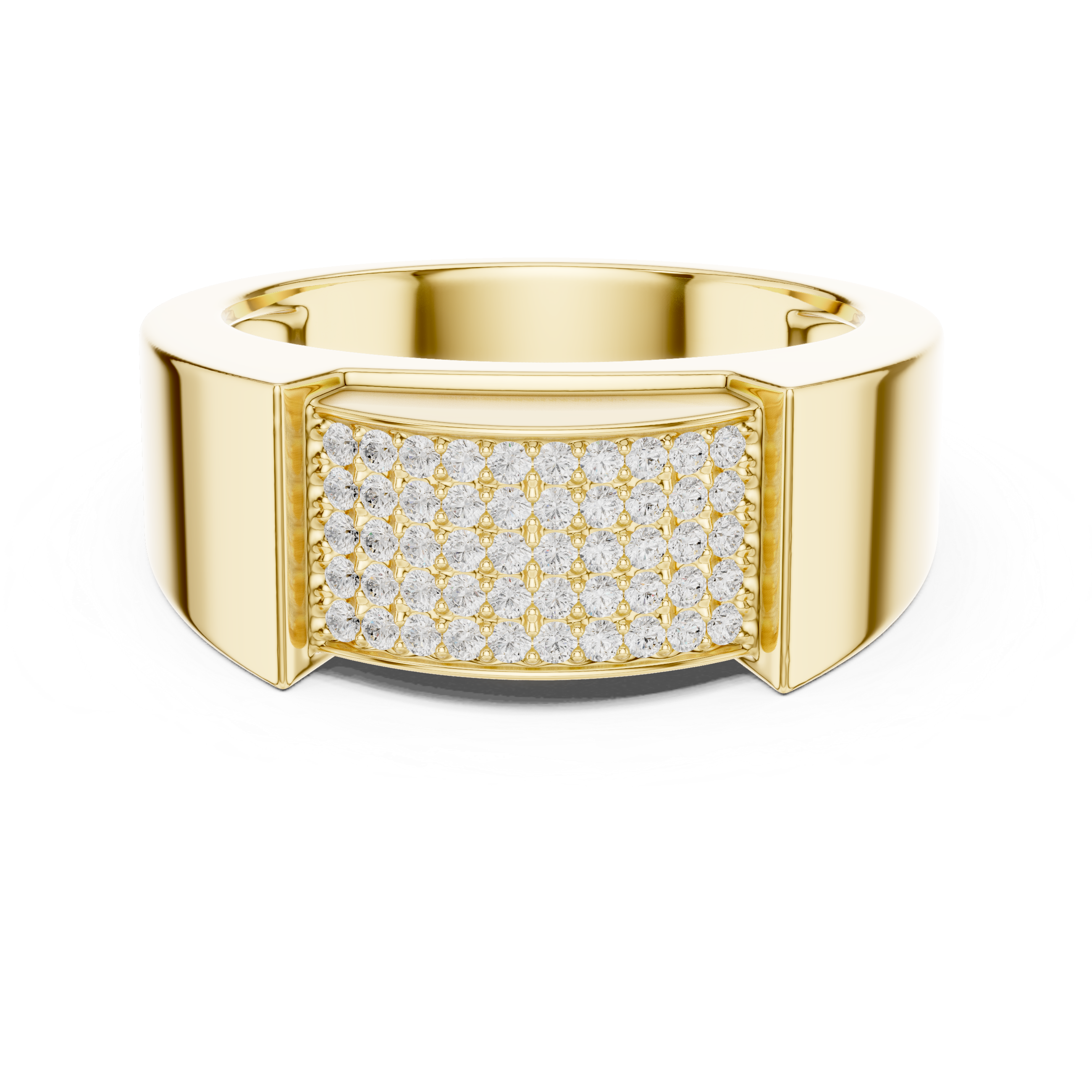 Gold ring with diamond accents on a white background