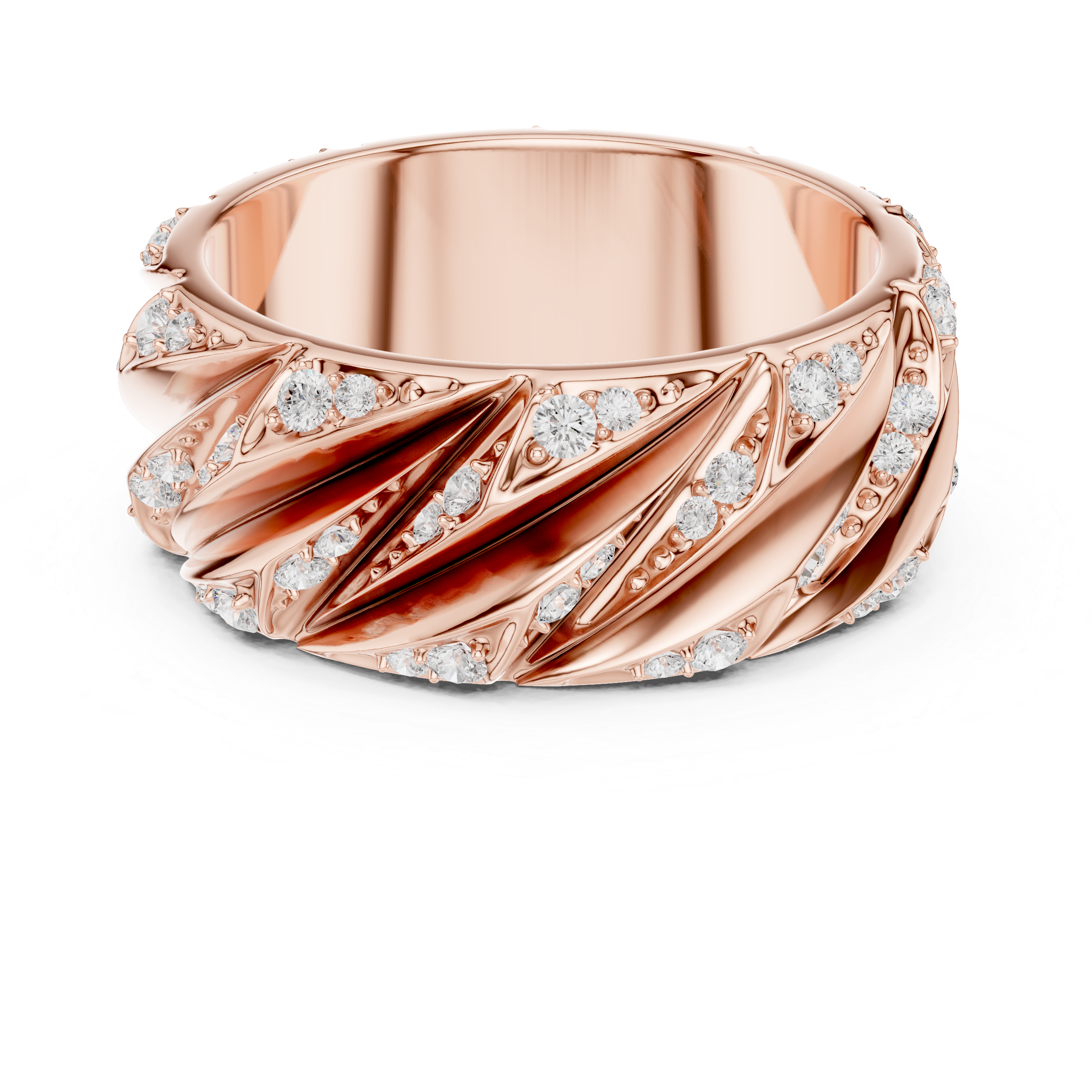 Rose gold ring with diamond accents on a white background