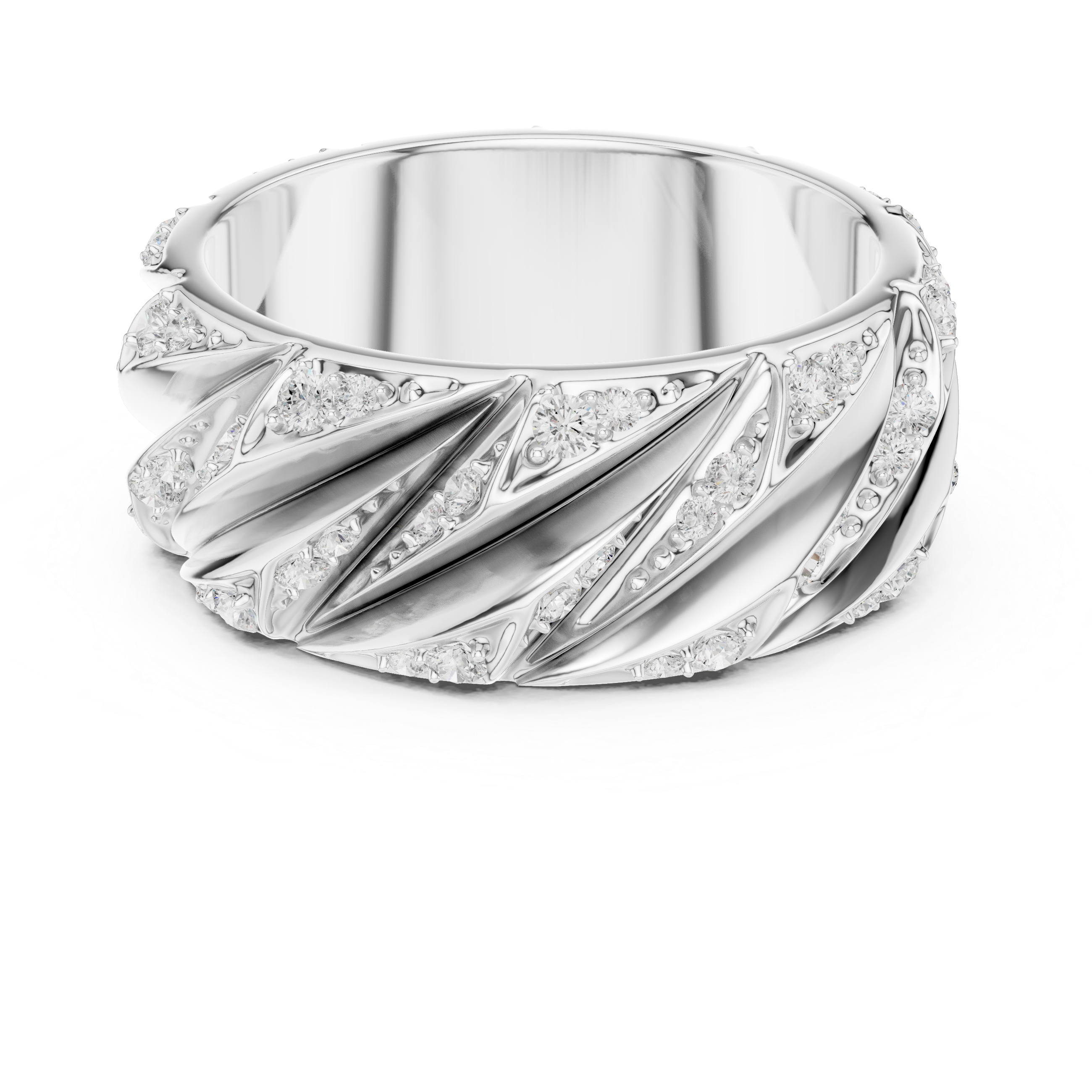 Silver ring with diamond accents on a white background