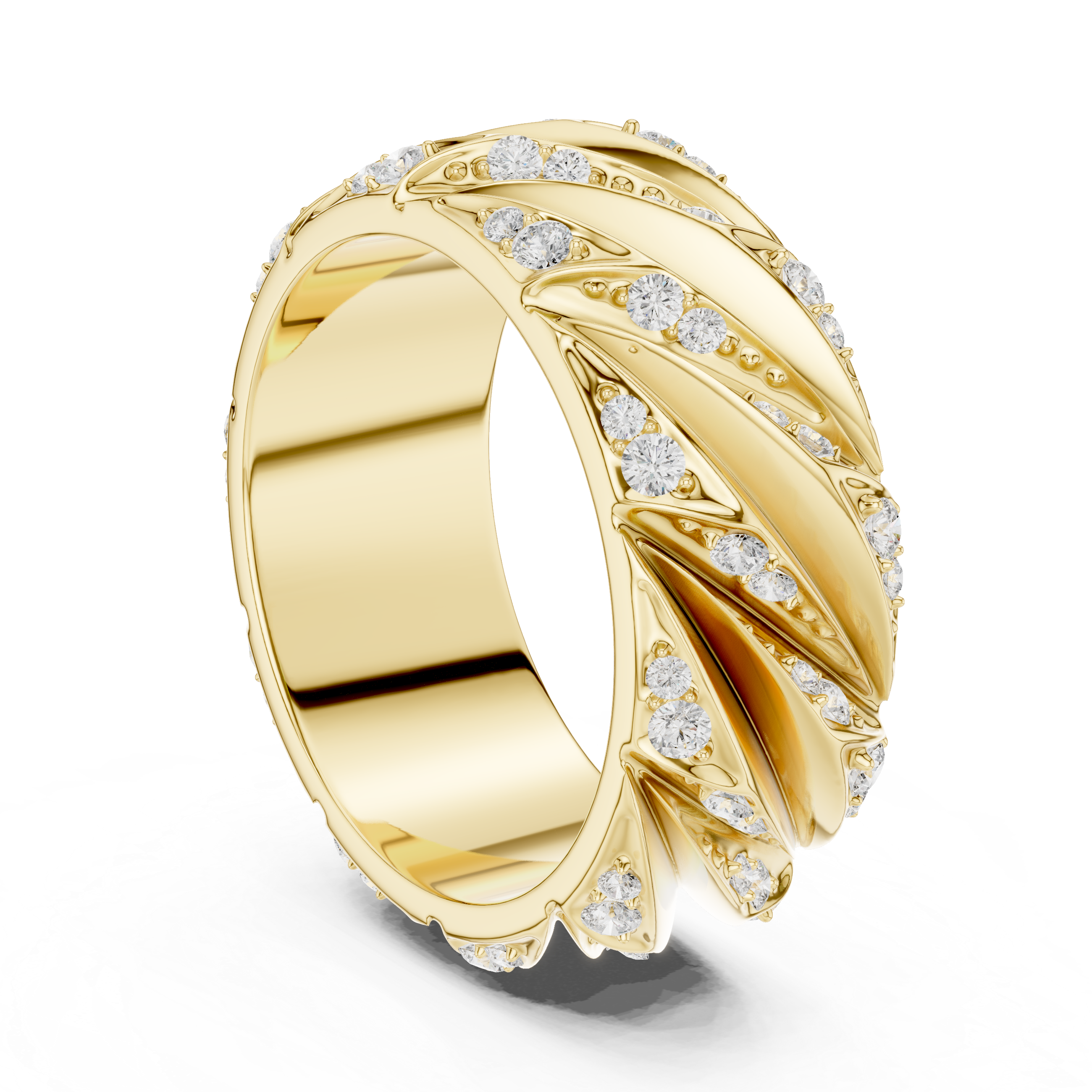 Gold ring with diamond accents on a white background