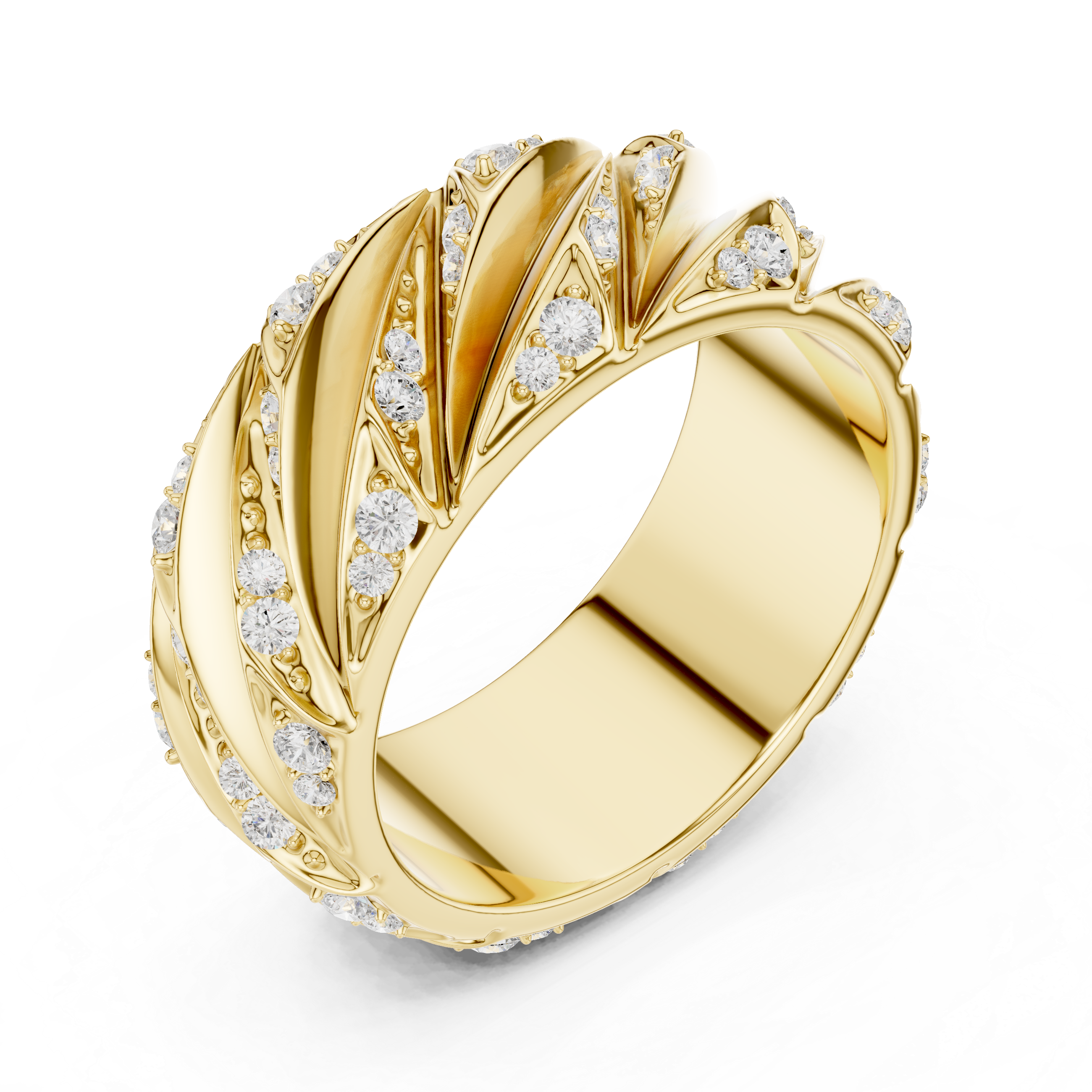 Gold ring with diamond accents on a white background