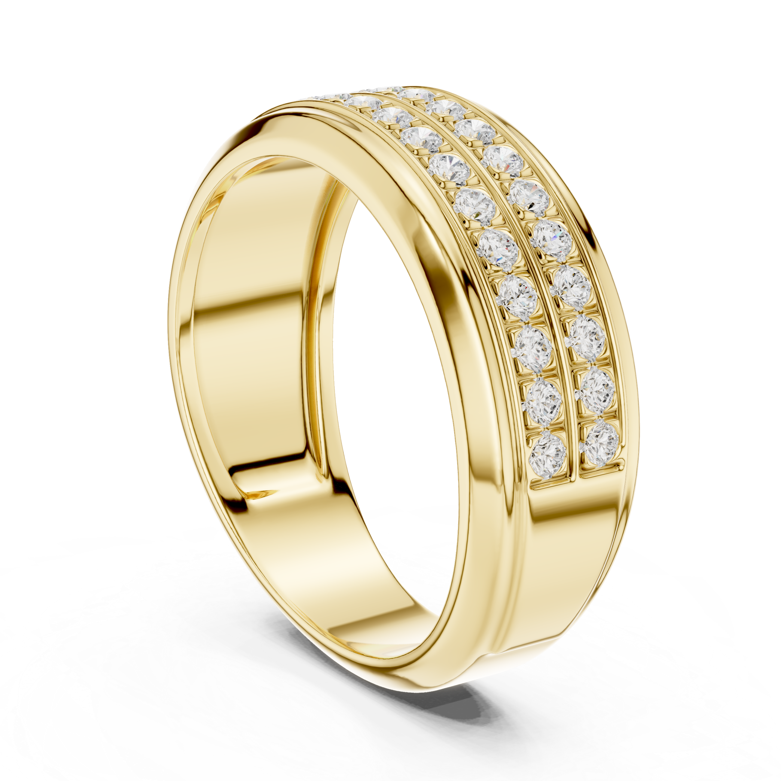Gold ring with diamond accents on a white background