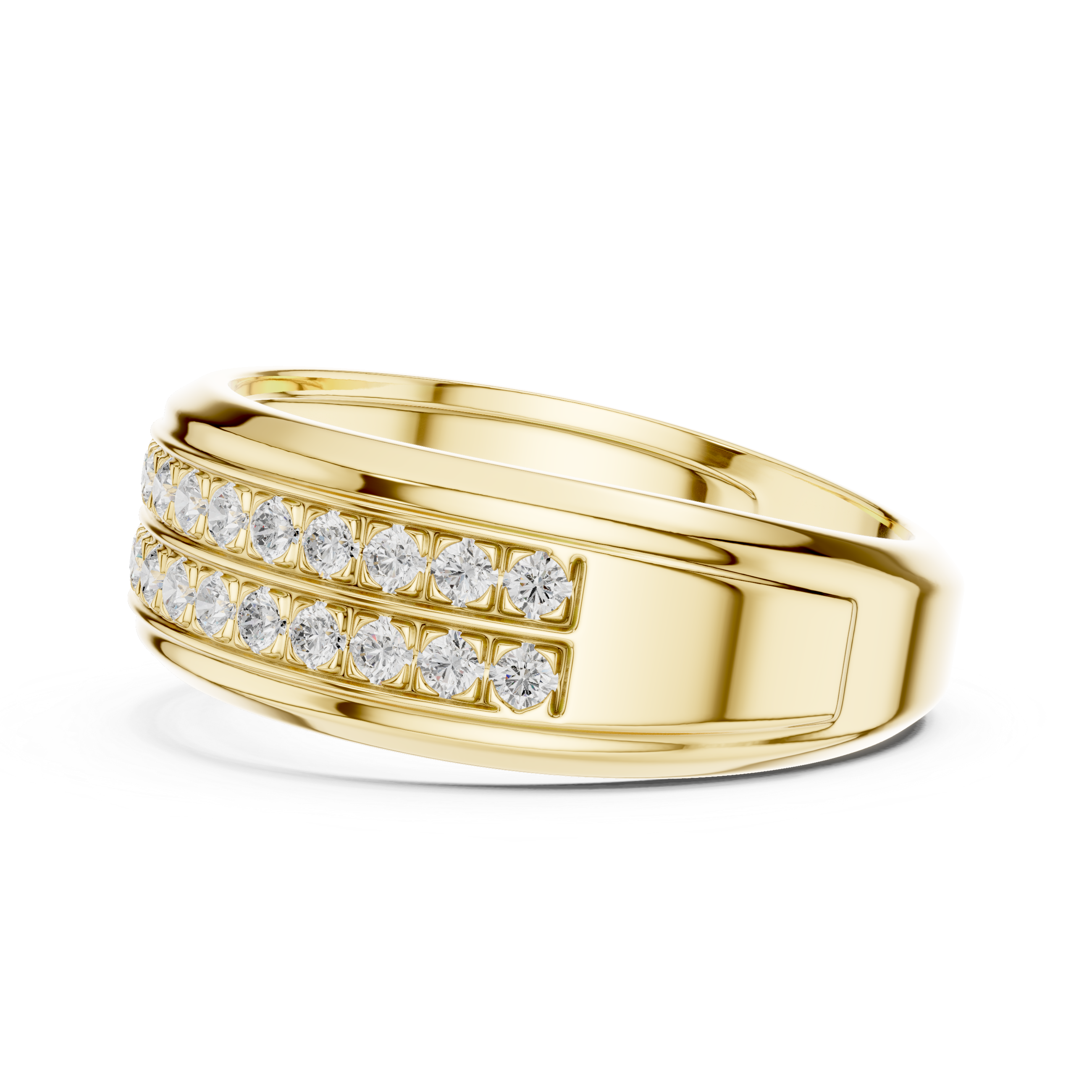 Gold ring with diamond accents on a white background