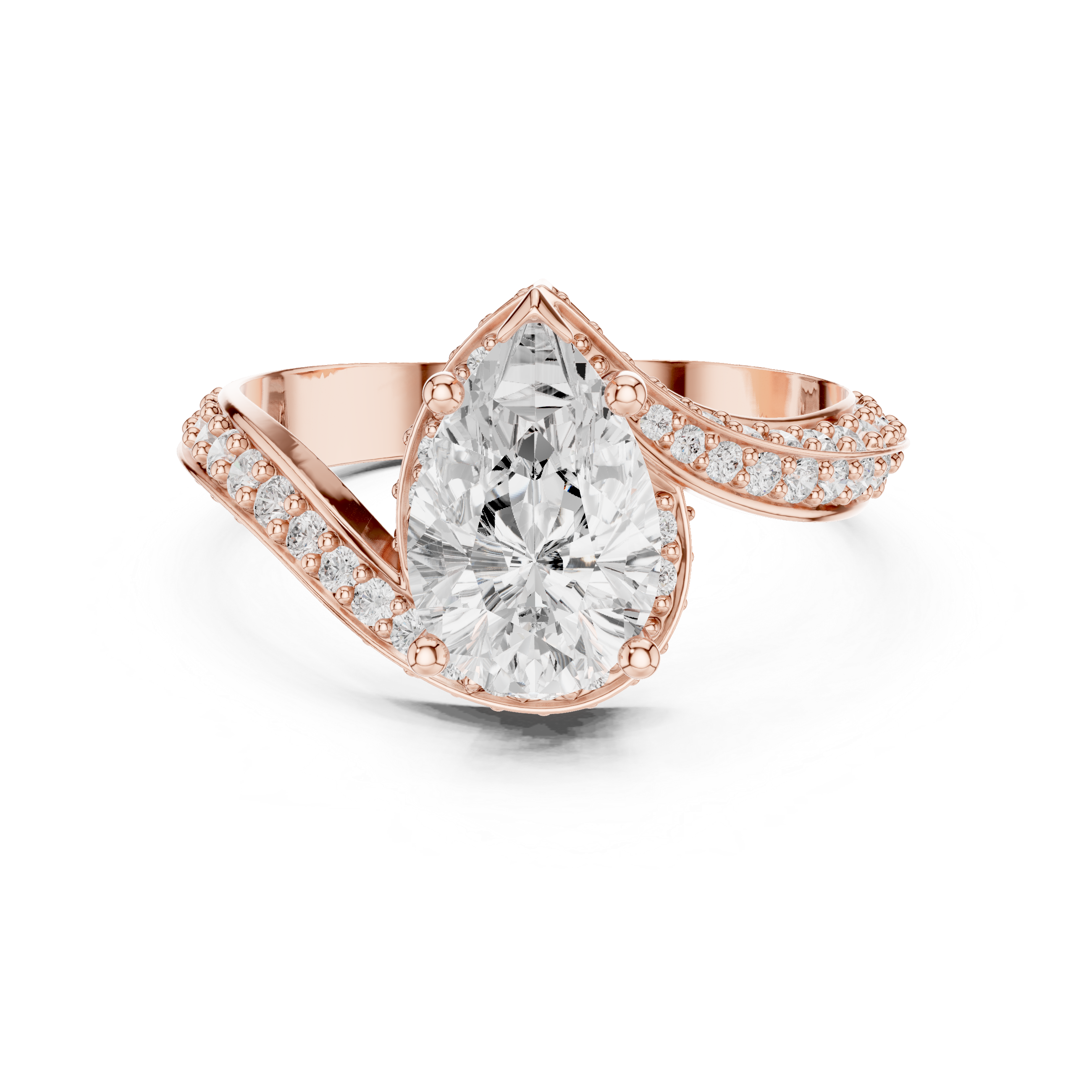 Rose gold ring with a large pear-shaped diamond and smaller diamonds on the band against a white background