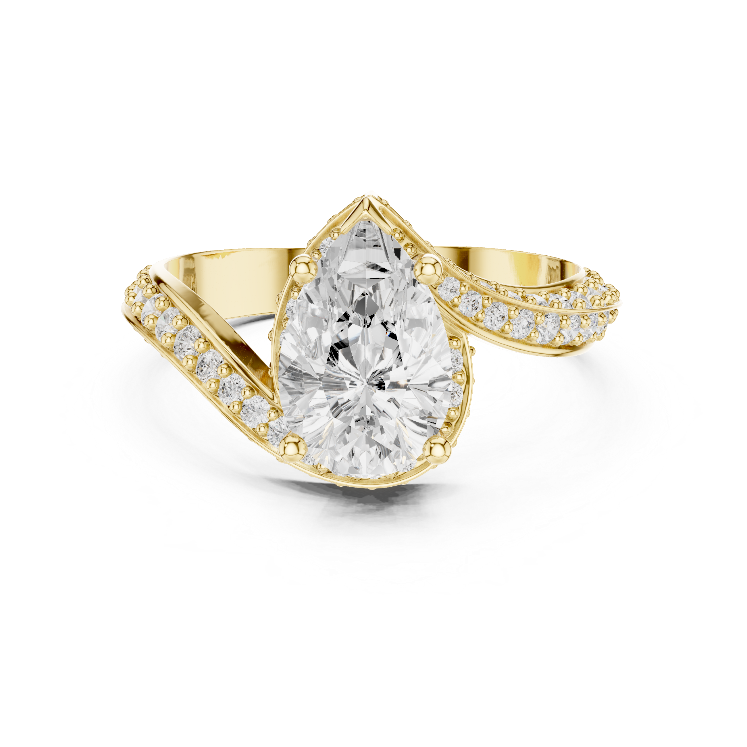 Gold ring with a large diamond and smaller diamonds on the band against a white background