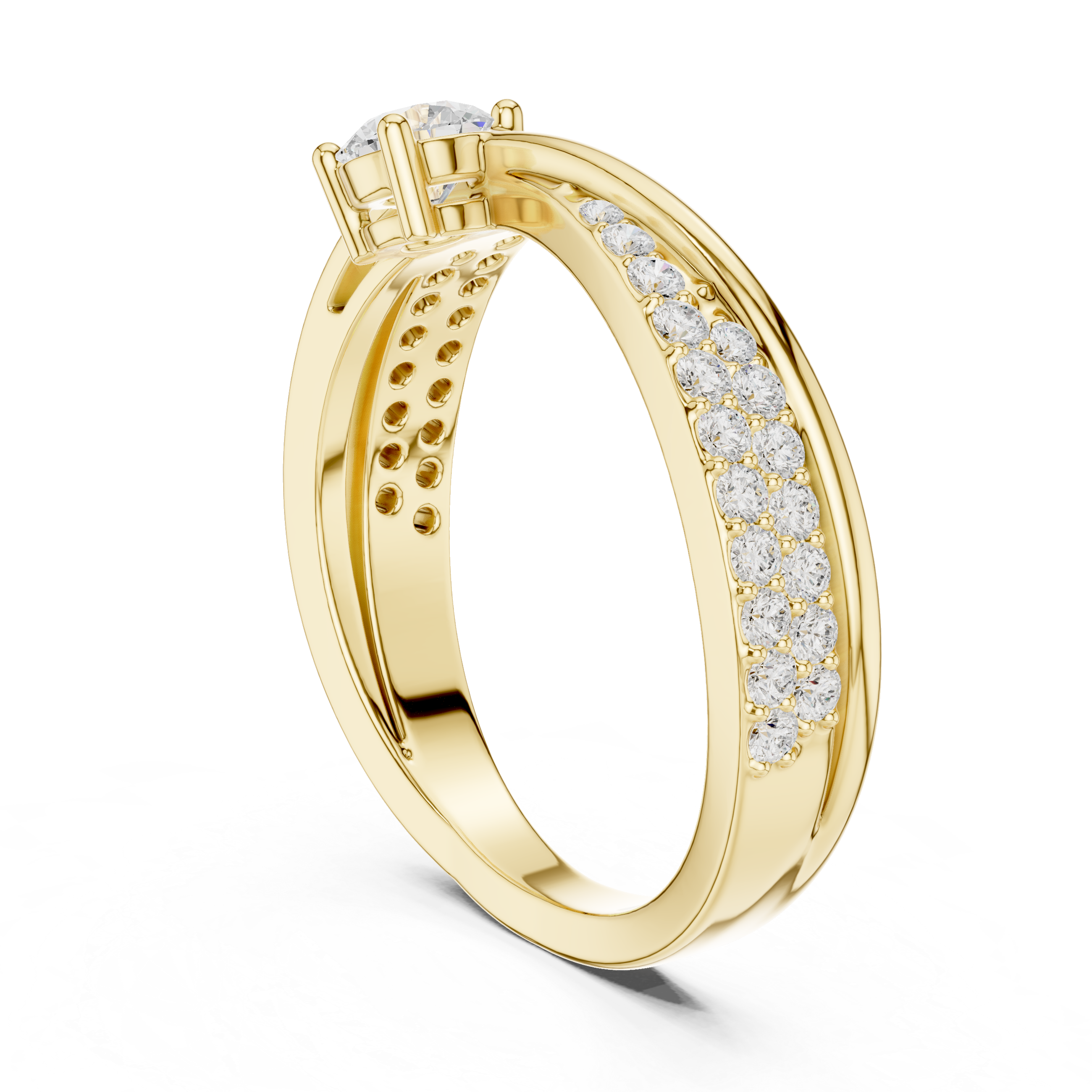 Gold ring with diamond accents on a white background
