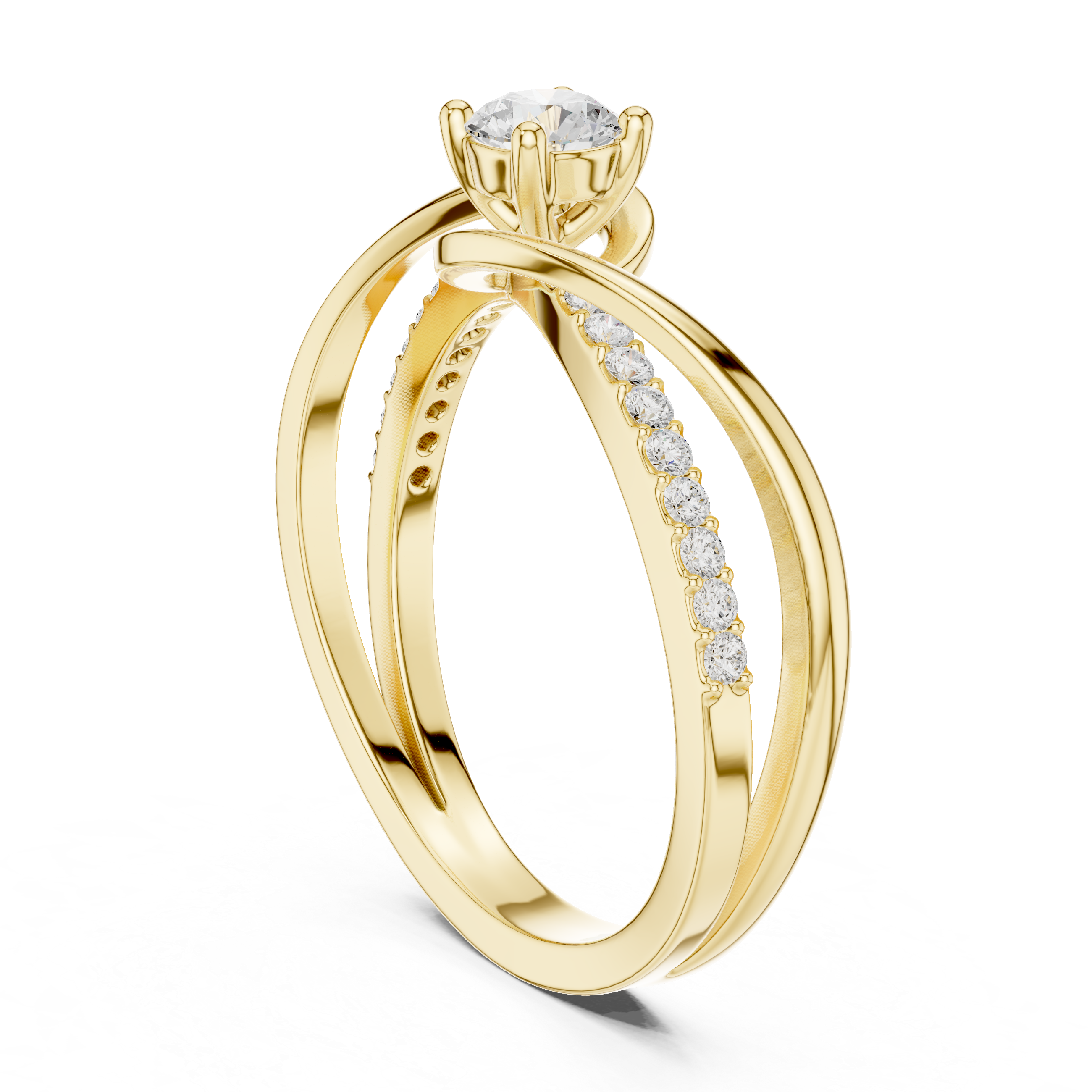 Gold ring with diamond accents on a white background