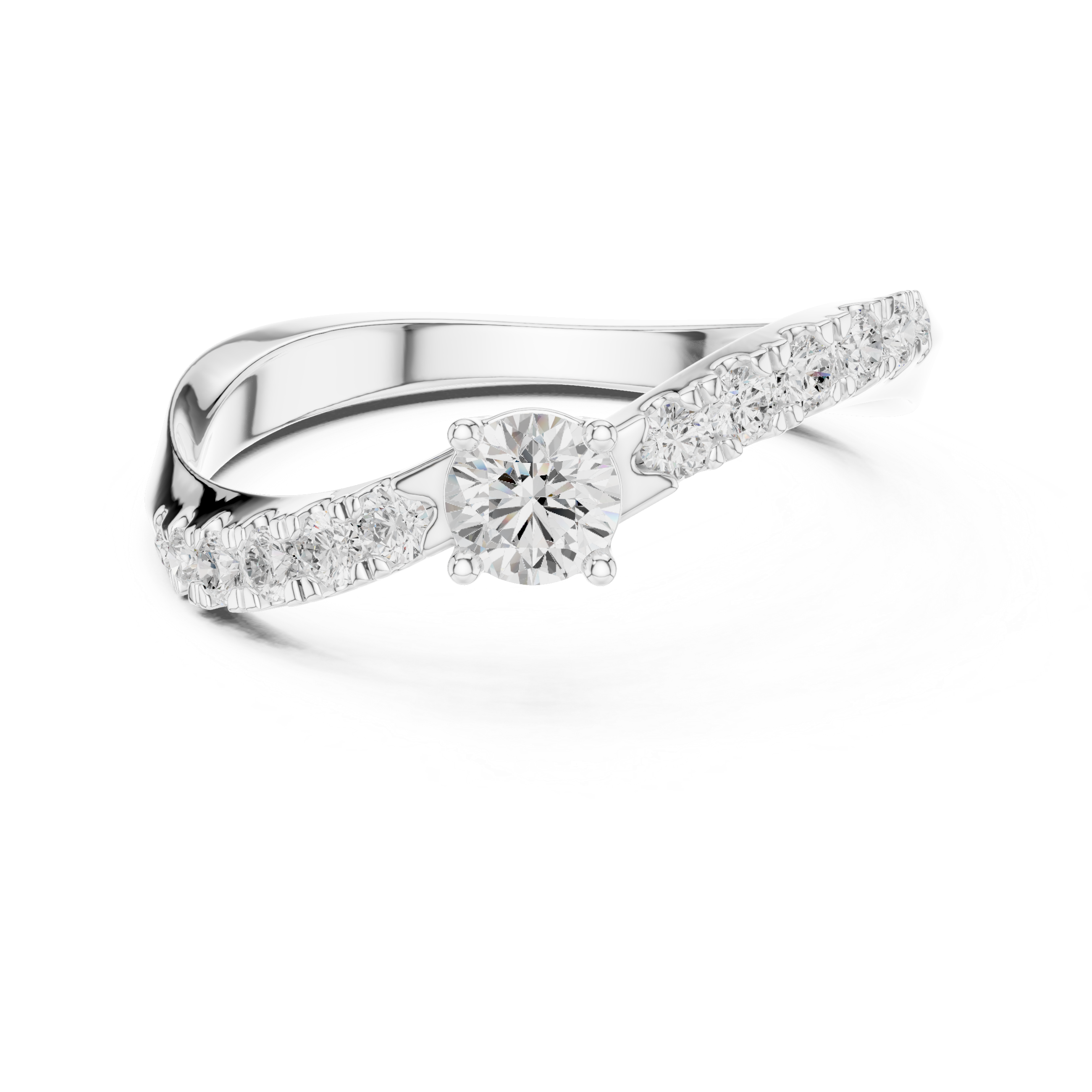 Diamond ring with a white gold band on a white background