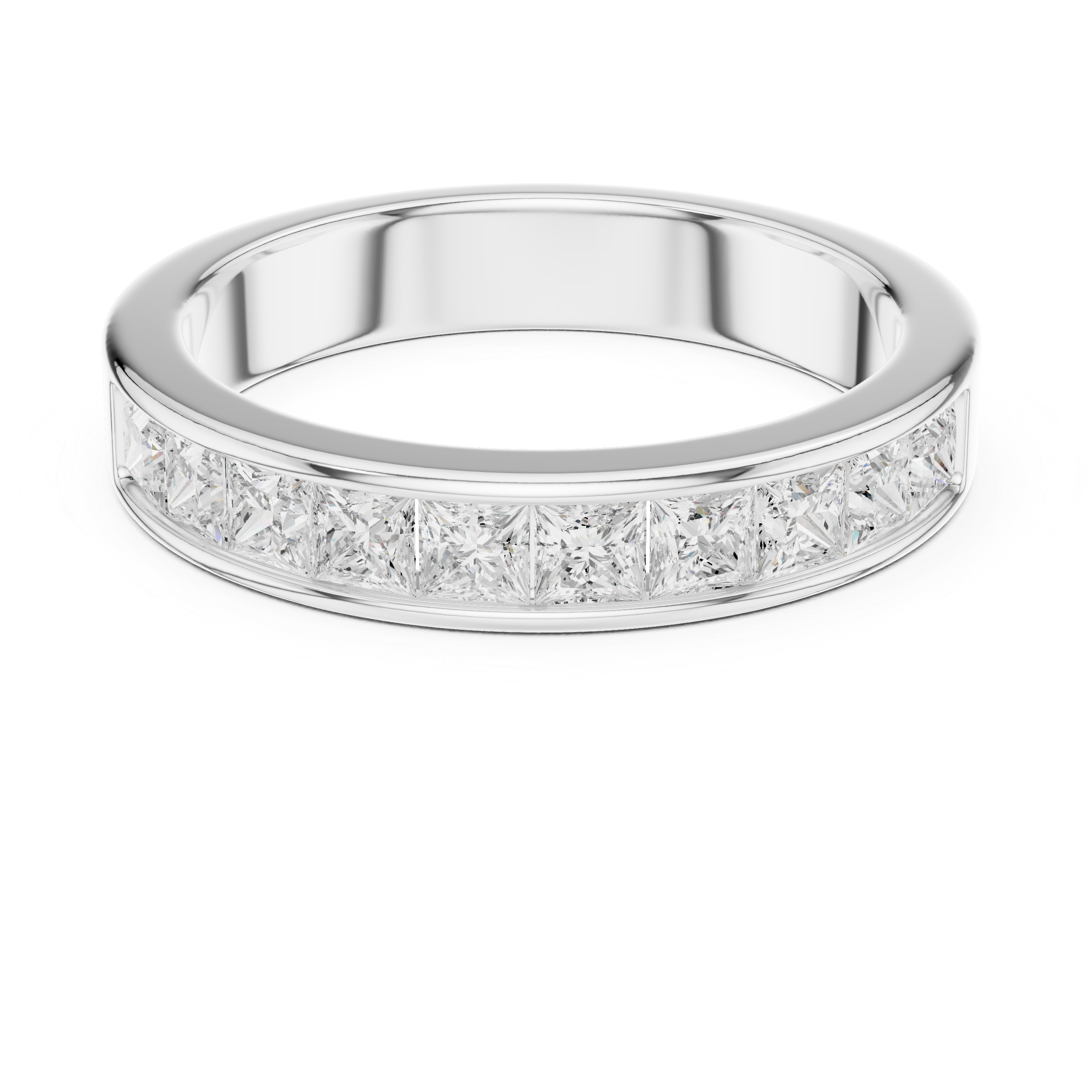 Silver ring with diamond accents on a white background