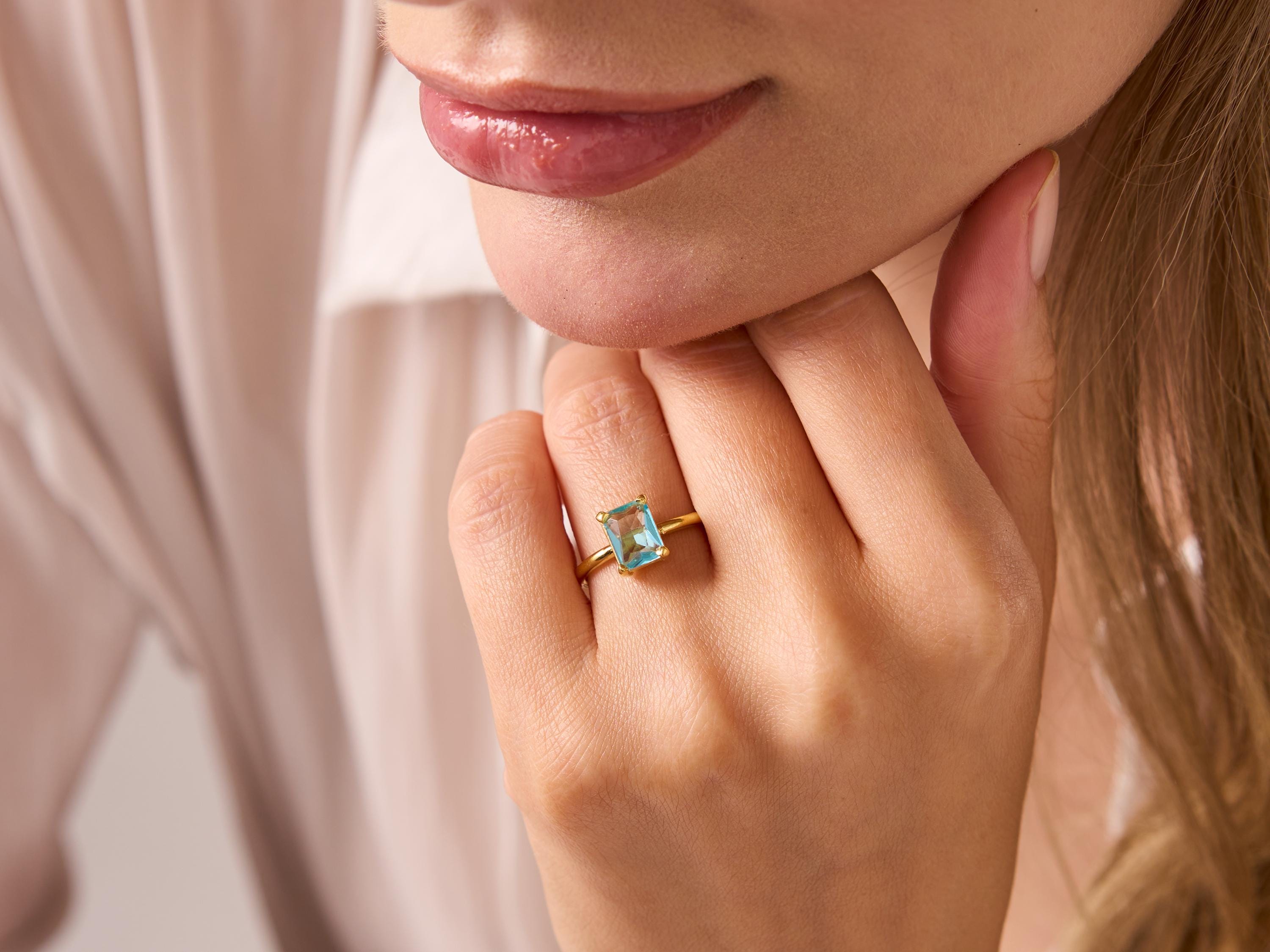 Emerald Cut Aquamarine Ring: 14K Gold Minimalist Birthstone Ring