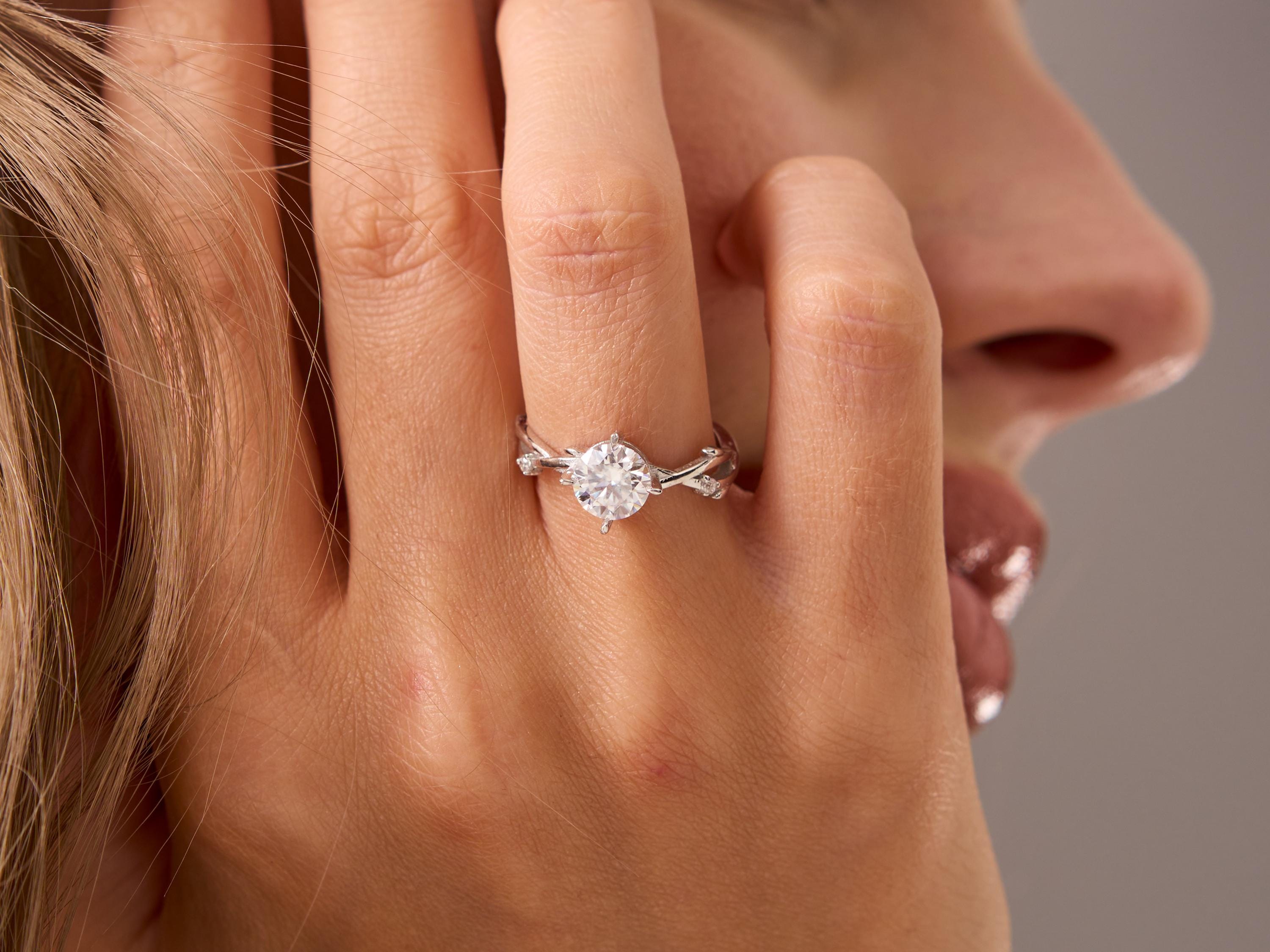 Moissanite Engagement Ring: 1ct Radiant Cut, Twig & Leaf Design