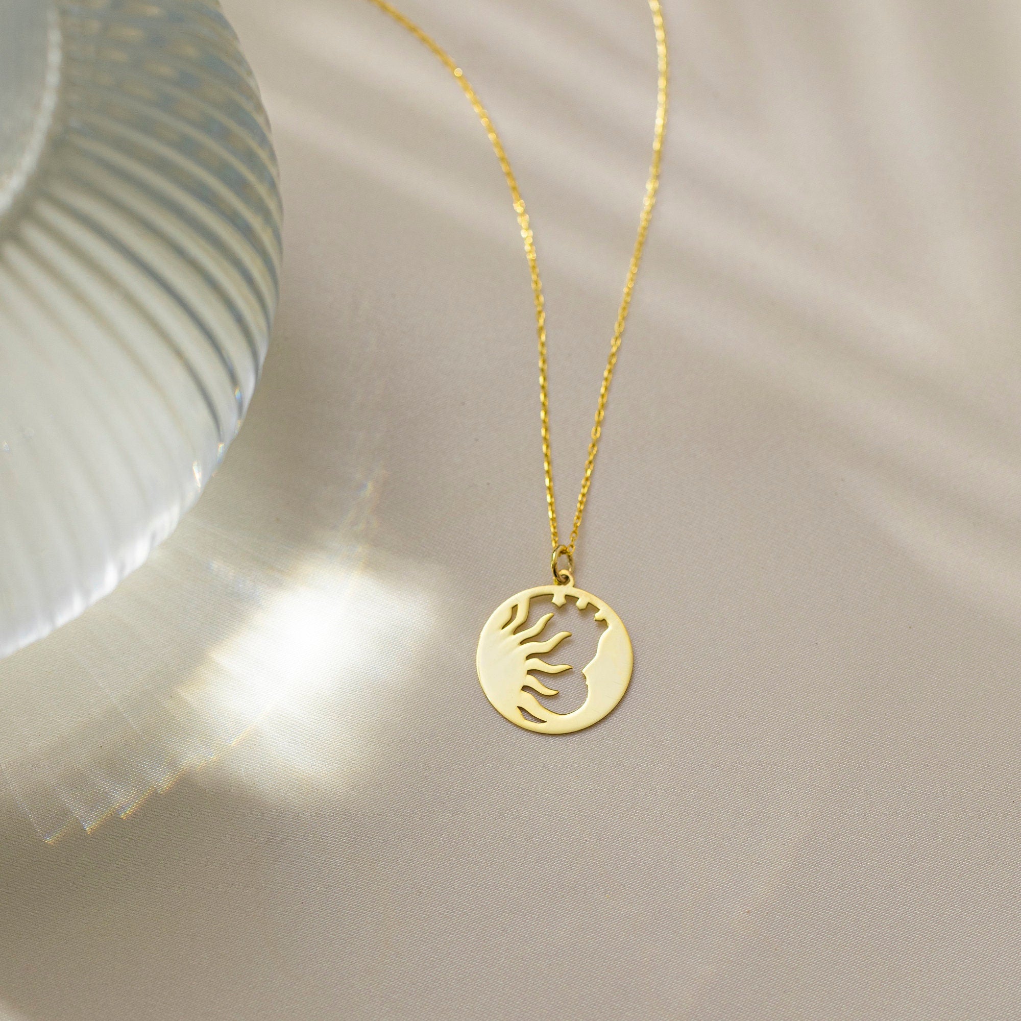 Sunburst Necklace Gold, Gold Moon Sun Necklace