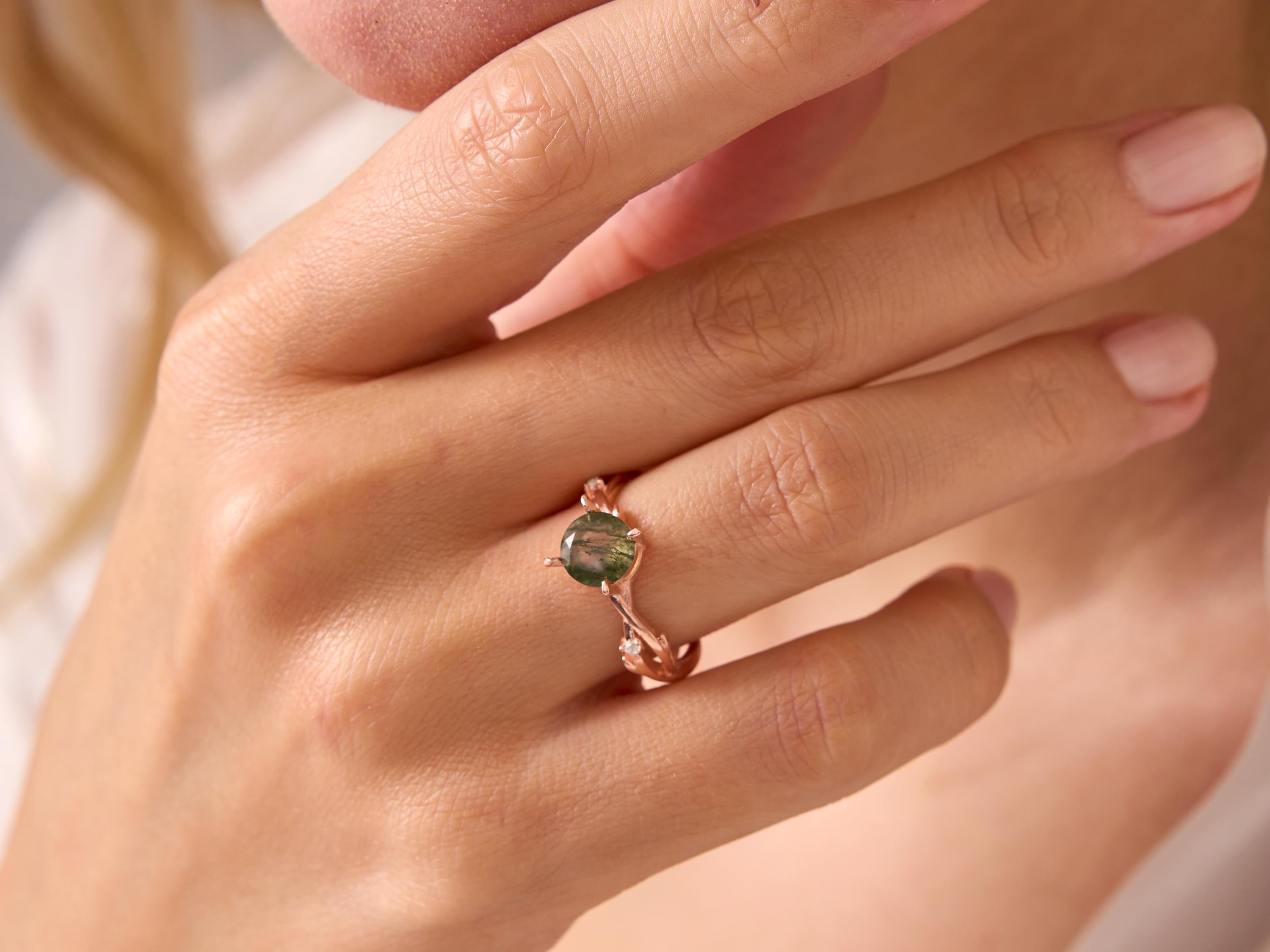 Moss Agate Diamond Ring, Branch Engagement Ring
