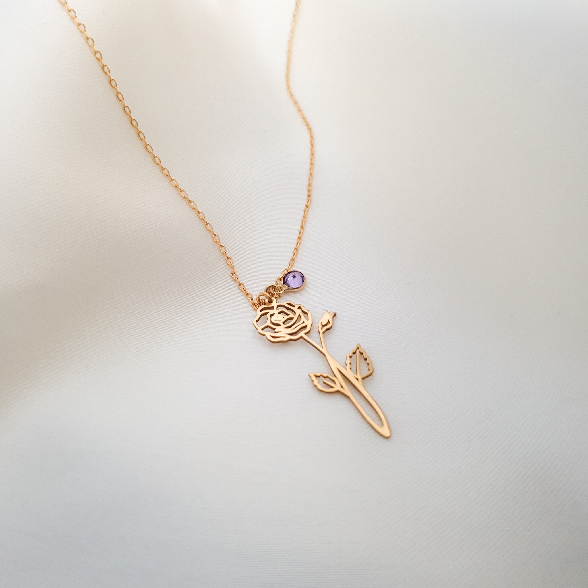 Tiny Birth Flower Necklace with Birthstone