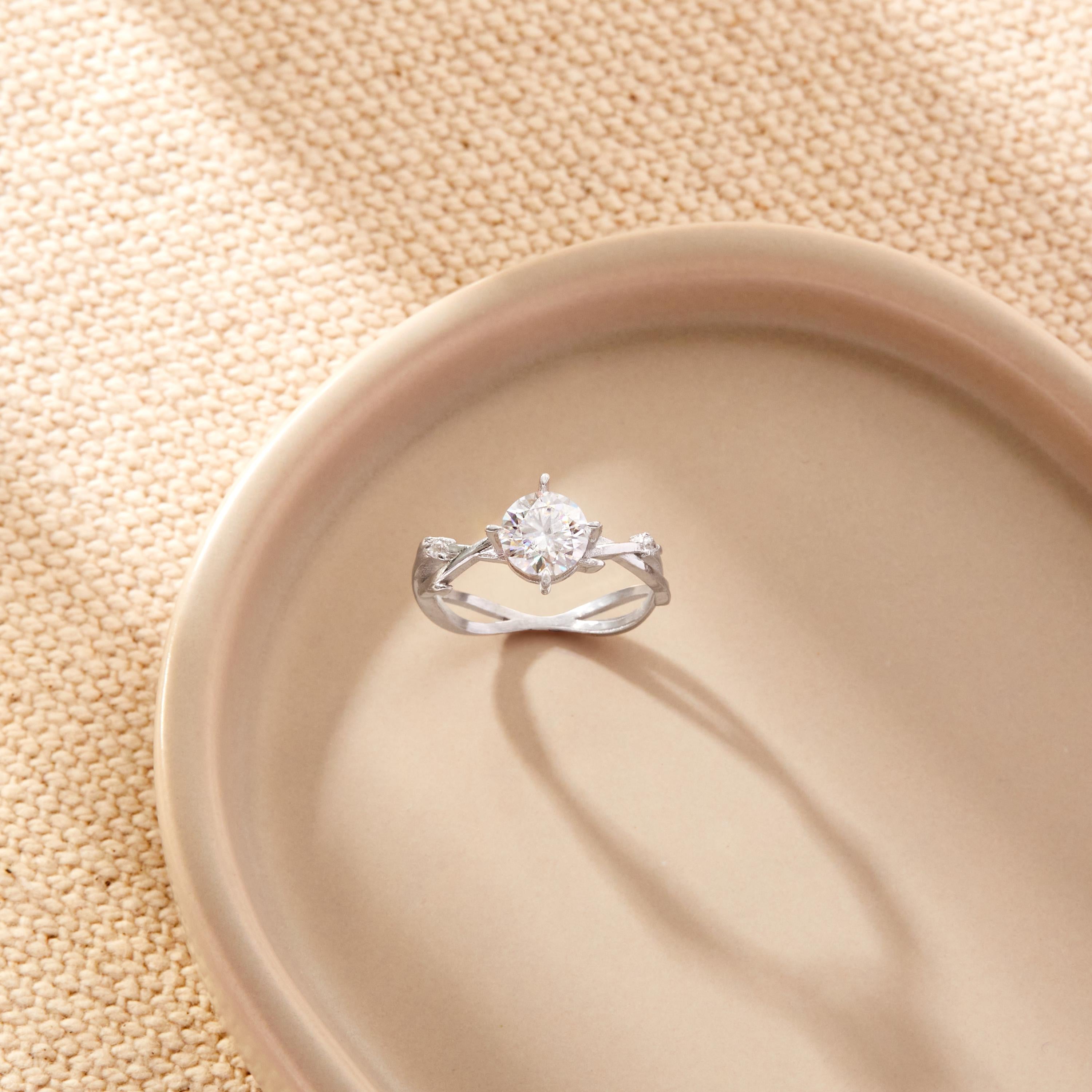 Moissanite Engagement Ring: 1ct Radiant Cut, Twig & Leaf Design