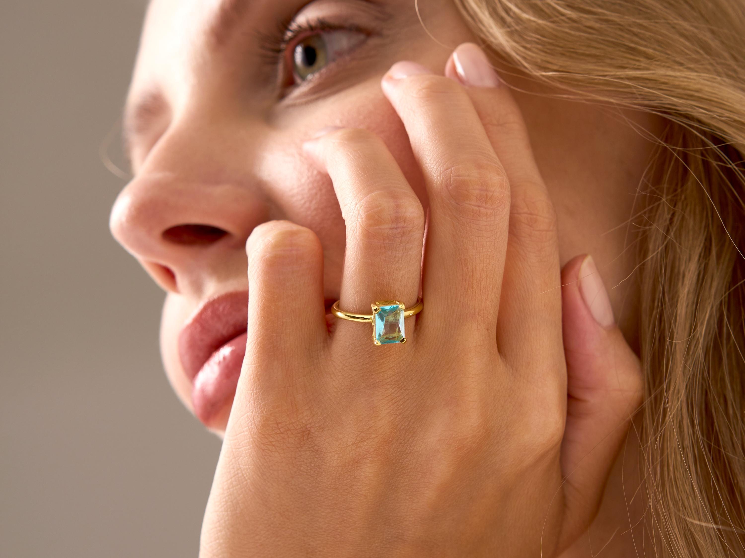 Emerald Cut Aquamarine Ring: 14K Gold Minimalist Birthstone Ring