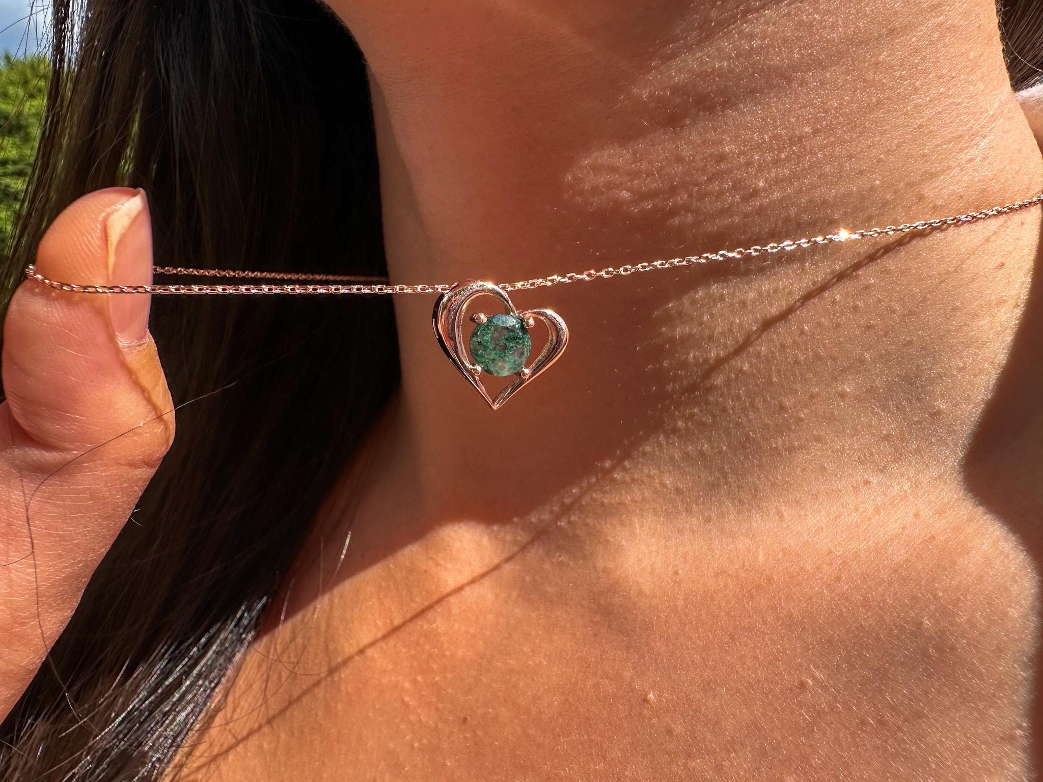 Natural Moss Agate Necklace, Heart Moss Agate Pendant with Round Cut