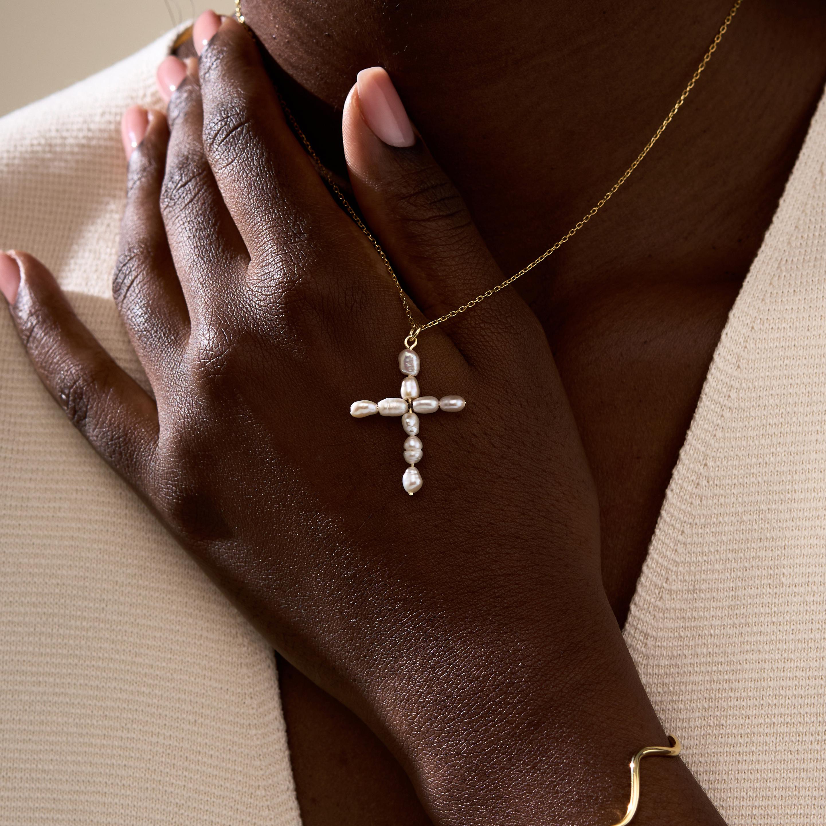 Pearl Cross Necklace, Dainty Sterling Silver Crucifix Pendant