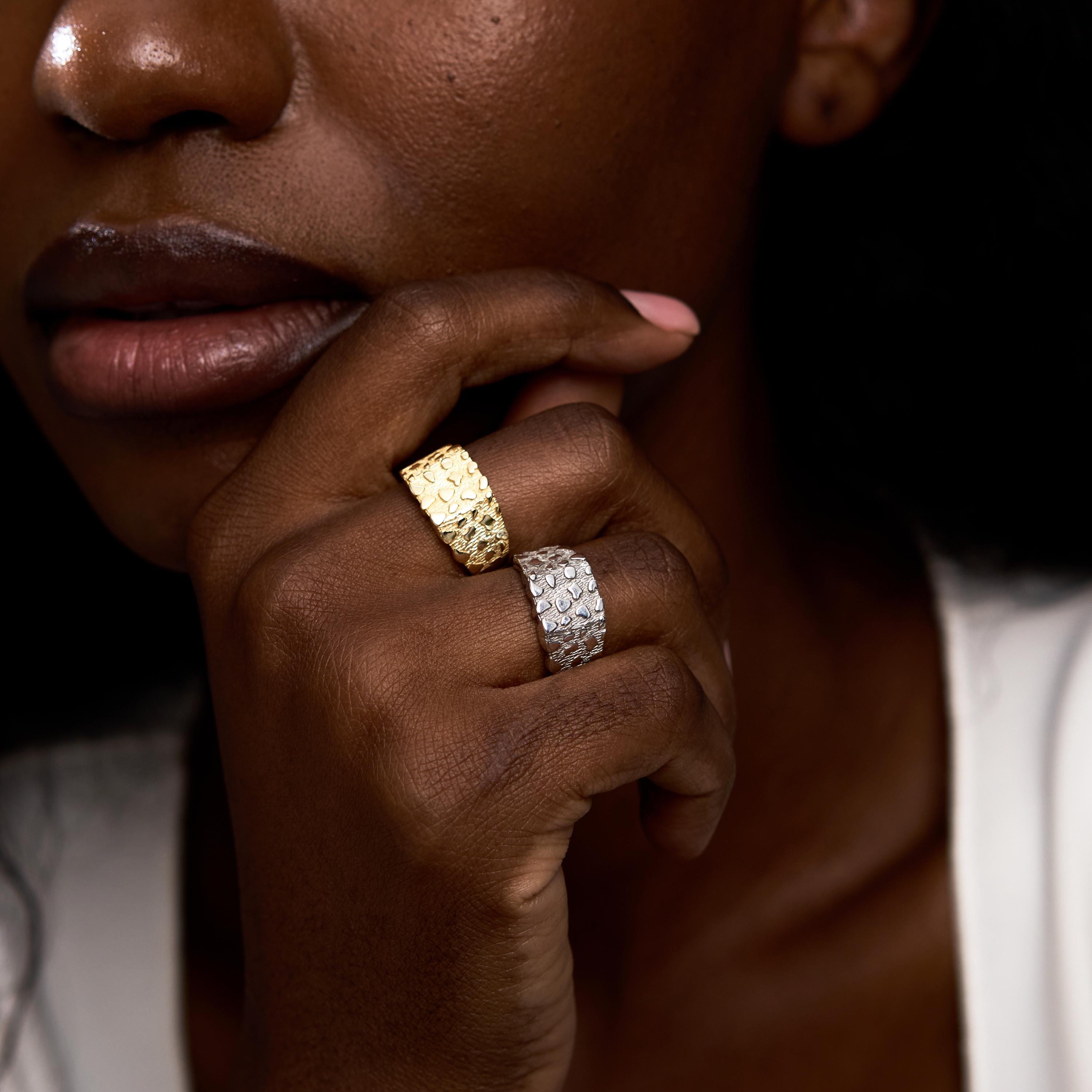 14K Solid Gold Nugget Ring Woman, Chunky Textured Signet Style Statement Ring