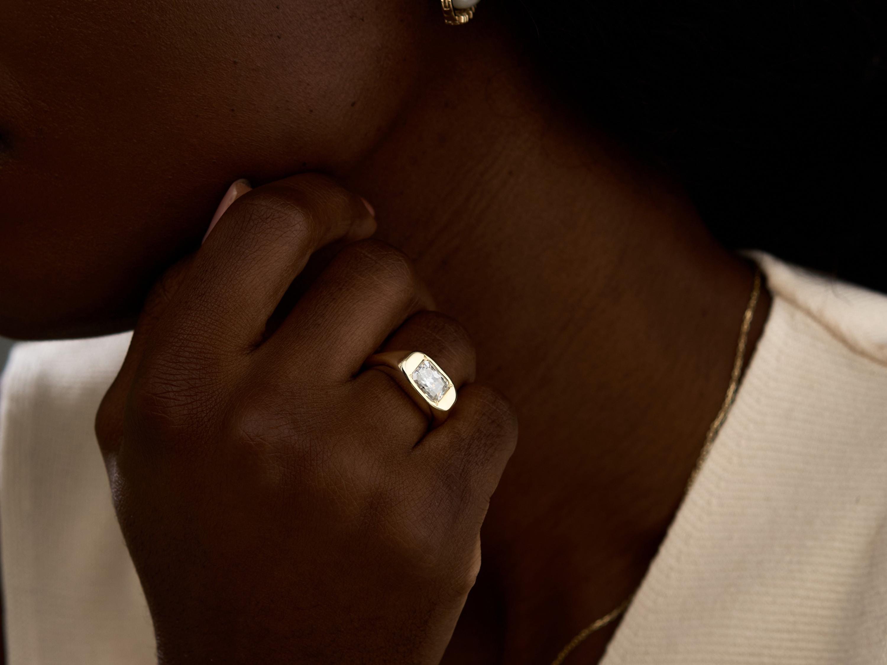 Diamond Signet Ring, 14K Gold Women Signet Rings, Lab Grown East West Jewelry