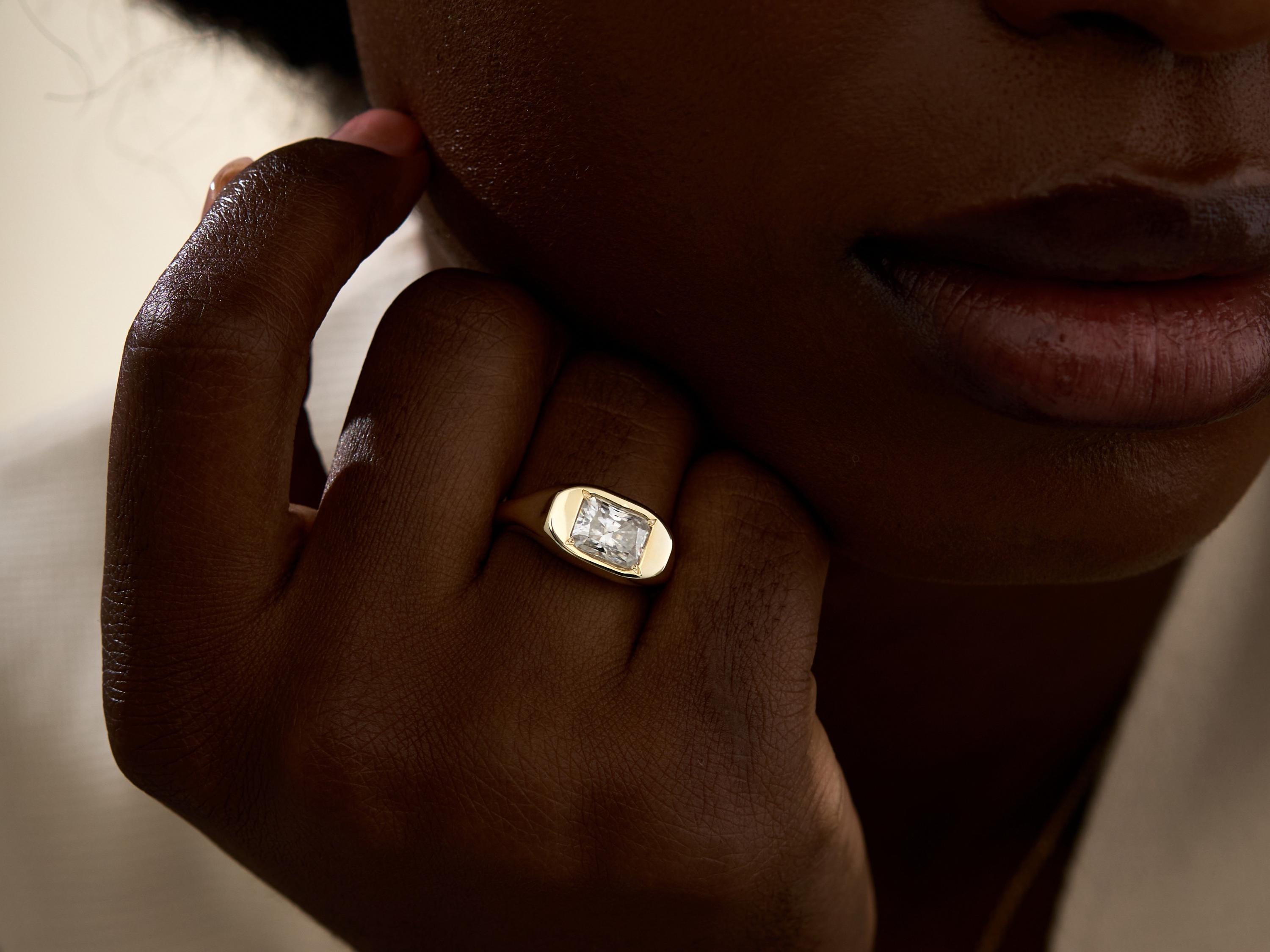 Diamond Signet Ring, 14K Gold Women Signet Rings, Lab Grown East West Jewelry